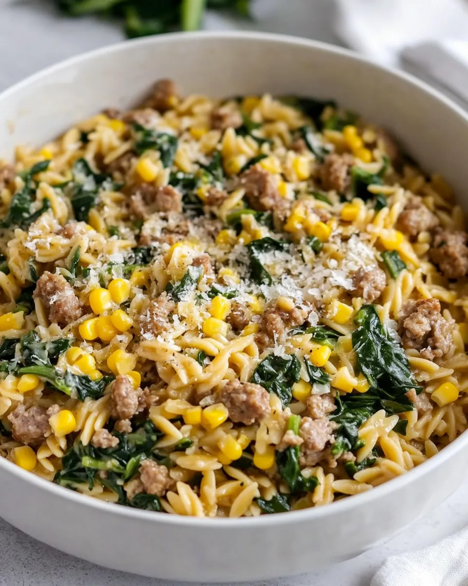 delicious One-Pot Orzo with Sausage, Spinach and Corn shot