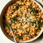 Homemade One-Pot Spinach Artichoke Orzo with Chickpeas (Vegan) photo