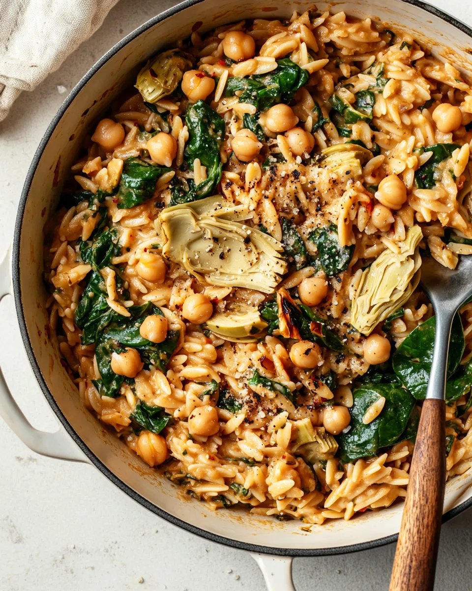 Classic One-Pot Spinach Artichoke Orzo with Chickpeas (Vegan) image