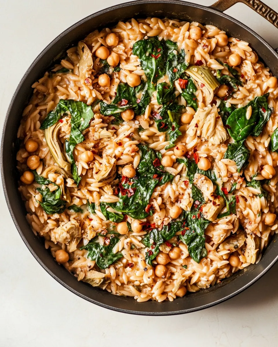 Delicious One-Pot Spinach Artichoke Orzo with Chickpeas (Vegan) shot