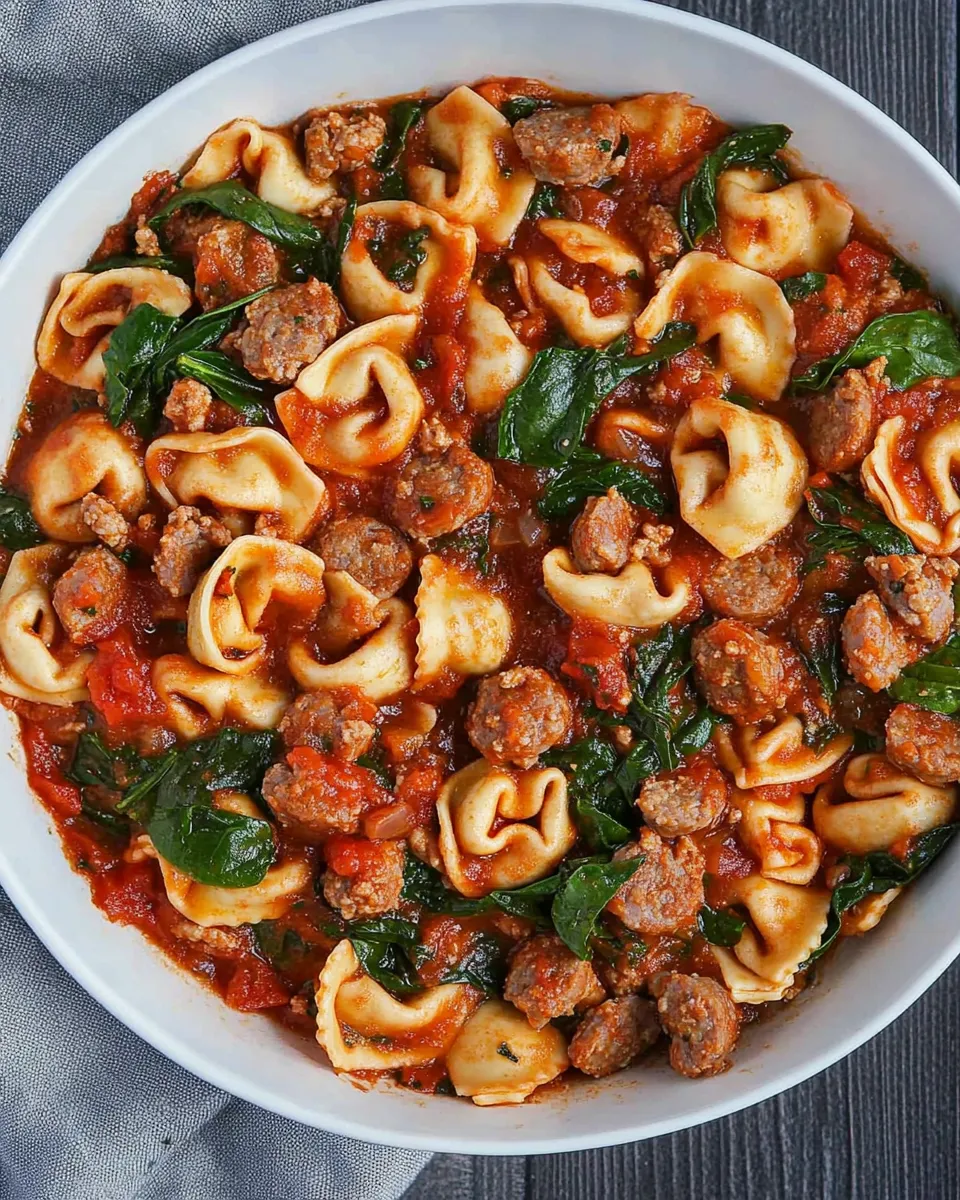 Easy One Pan Turkey Sausage Spinach and Marinara Tortellini recipe image