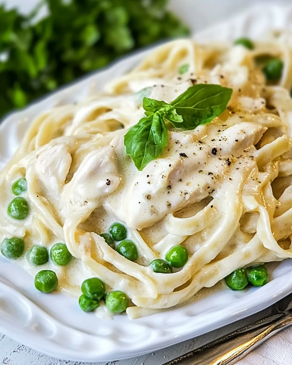 Delicious One Pot Chicken and Peas Fettuccine Alfredo dish photo