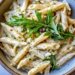 homemade One Pot Creamy Penne Alfredo with Spicy Arugula. recipe photo