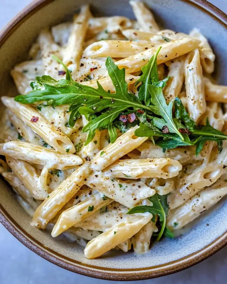 homemade One Pot Creamy Penne Alfredo with Spicy Arugula. recipe photo