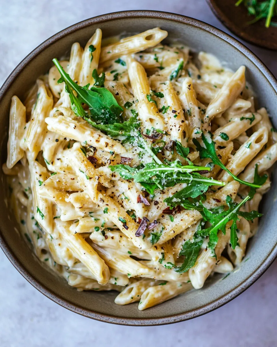 classic One Pot Creamy Penne Alfredo with Spicy Arugula. dish photo