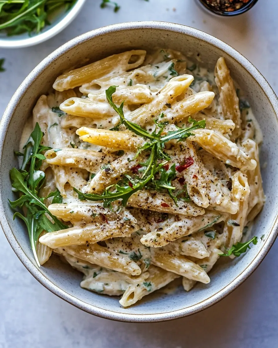 easy One Pot Creamy Penne Alfredo with Spicy Arugula. photo