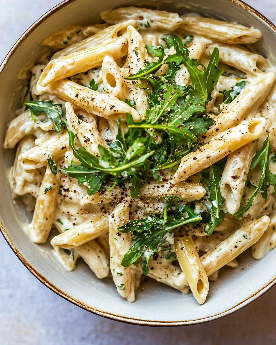delicious One Pot Creamy Penne Alfredo with Spicy Arugula. food shot