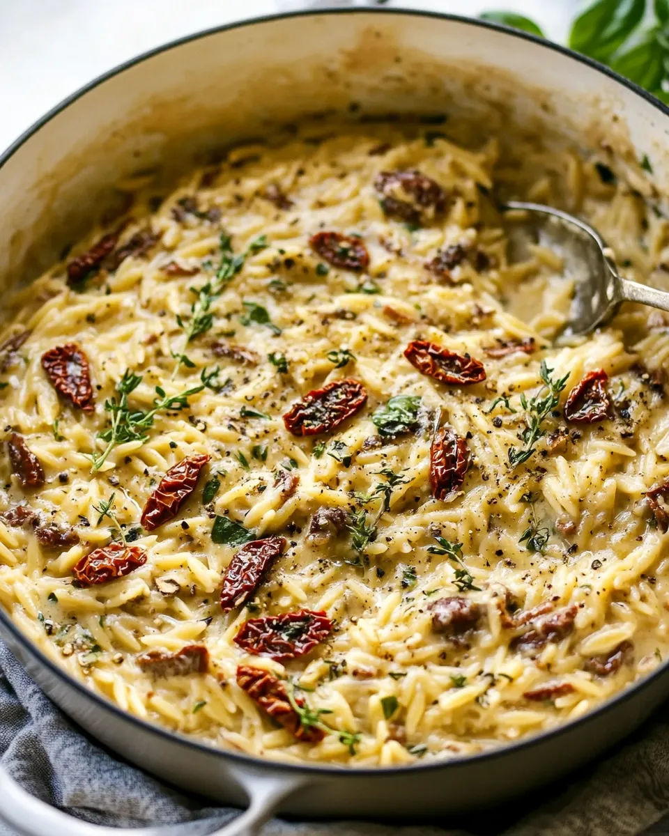delicious One Pot Creamy Sun-Dried Tomato Orzo. shot