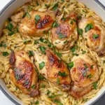 Homemade One Pot Garlic Butter Chicken Orzo. photo