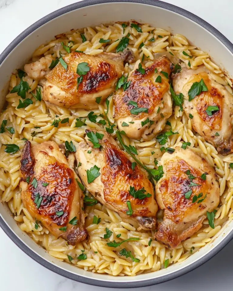 Homemade One Pot Garlic Butter Chicken Orzo. photo