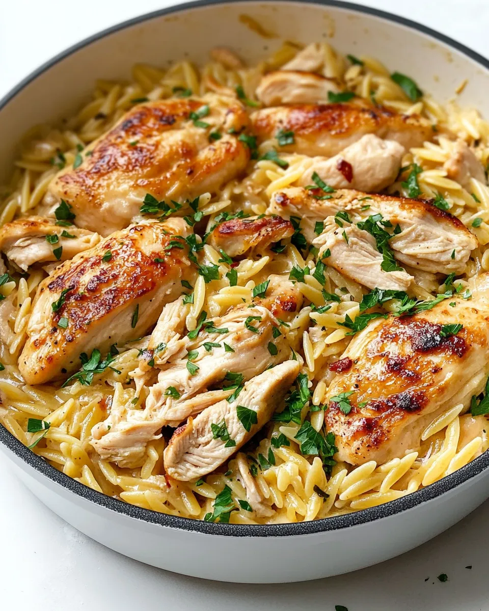 Delicious One Pot Garlic Butter Chicken Orzo. dish photo