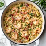 homemade One Pot Garlic Butter Shrimp and Orzo. photo