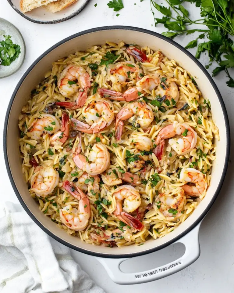 homemade One Pot Garlic Butter Shrimp and Orzo. photo