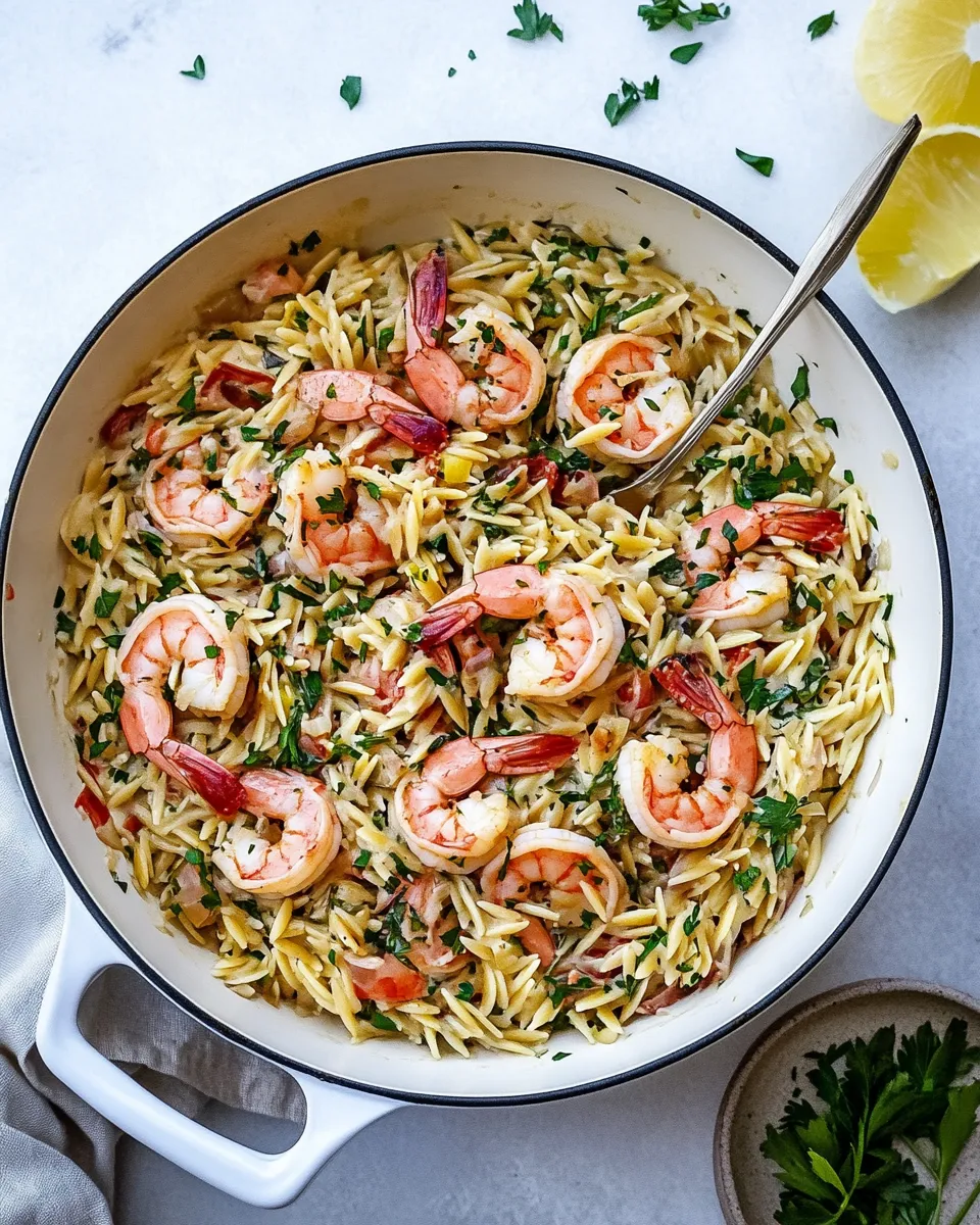 easy One Pot Garlic Butter Shrimp and Orzo. recipe photo