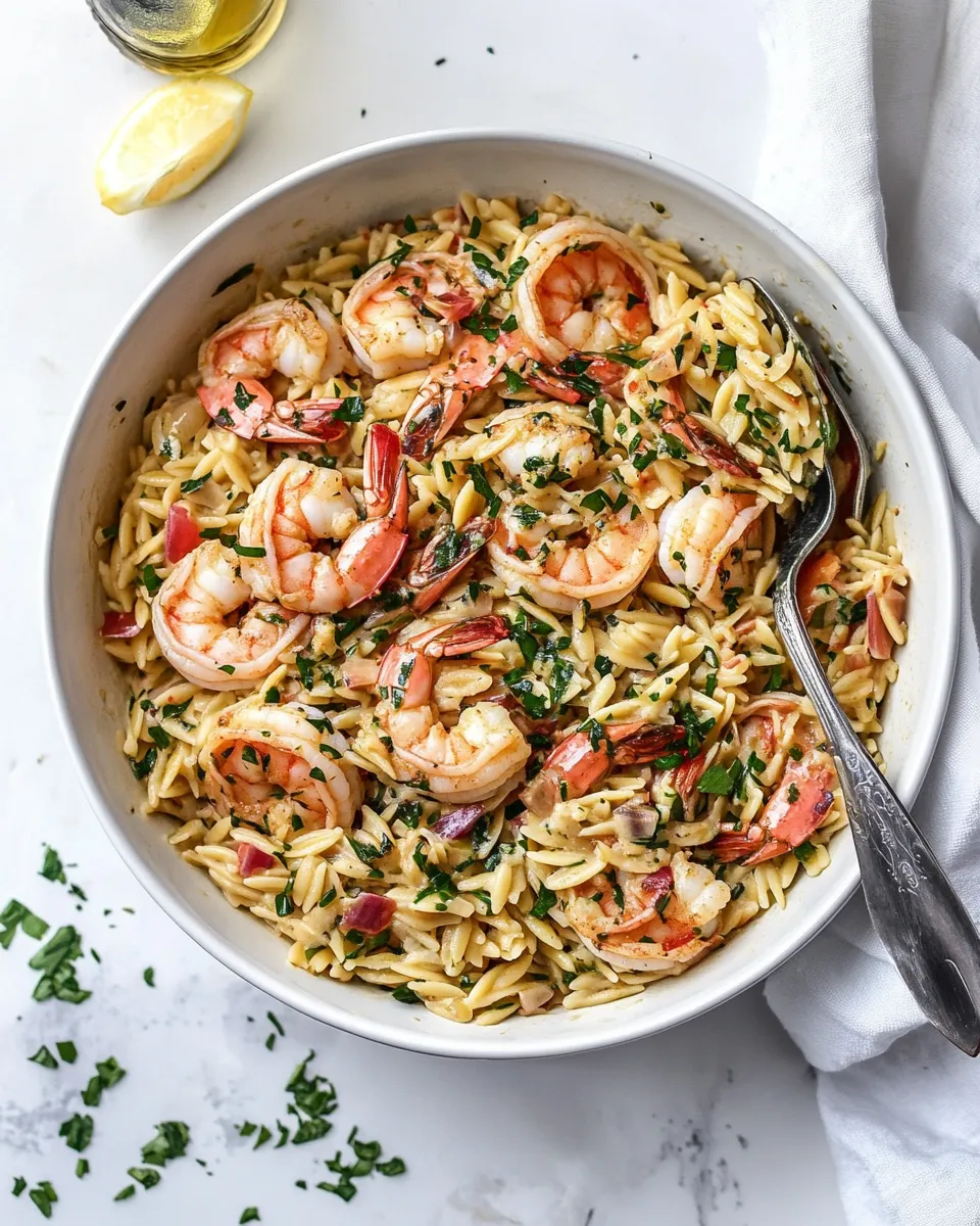 delicious One Pot Garlic Butter Shrimp and Orzo. dish photo