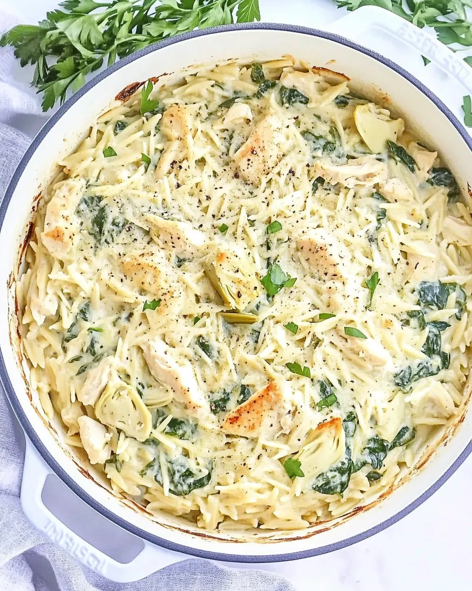 delicious One Pot Spinach Artichoke Chicken Orzo dish photo