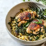 homemade One Skillet Goat Cheese Stuffed Chicken and Orzo. photo