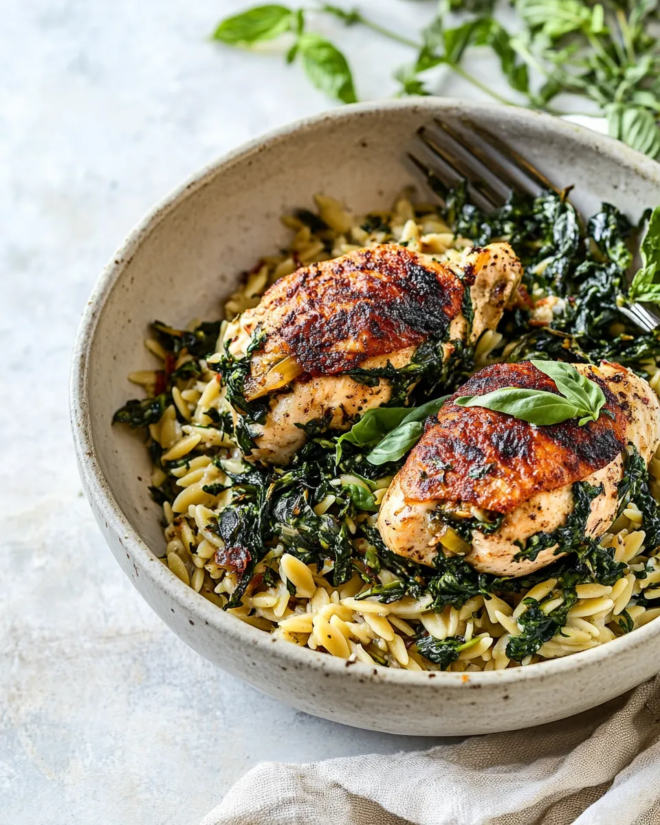 homemade One Skillet Goat Cheese Stuffed Chicken and Orzo. photo