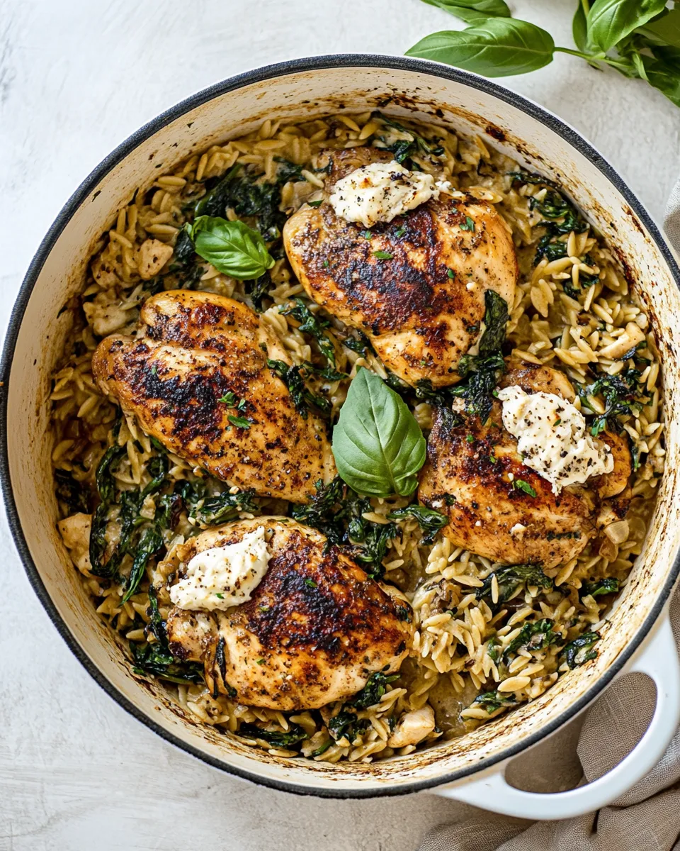 easy One Skillet Goat Cheese Stuffed Chicken and Orzo. recipe image