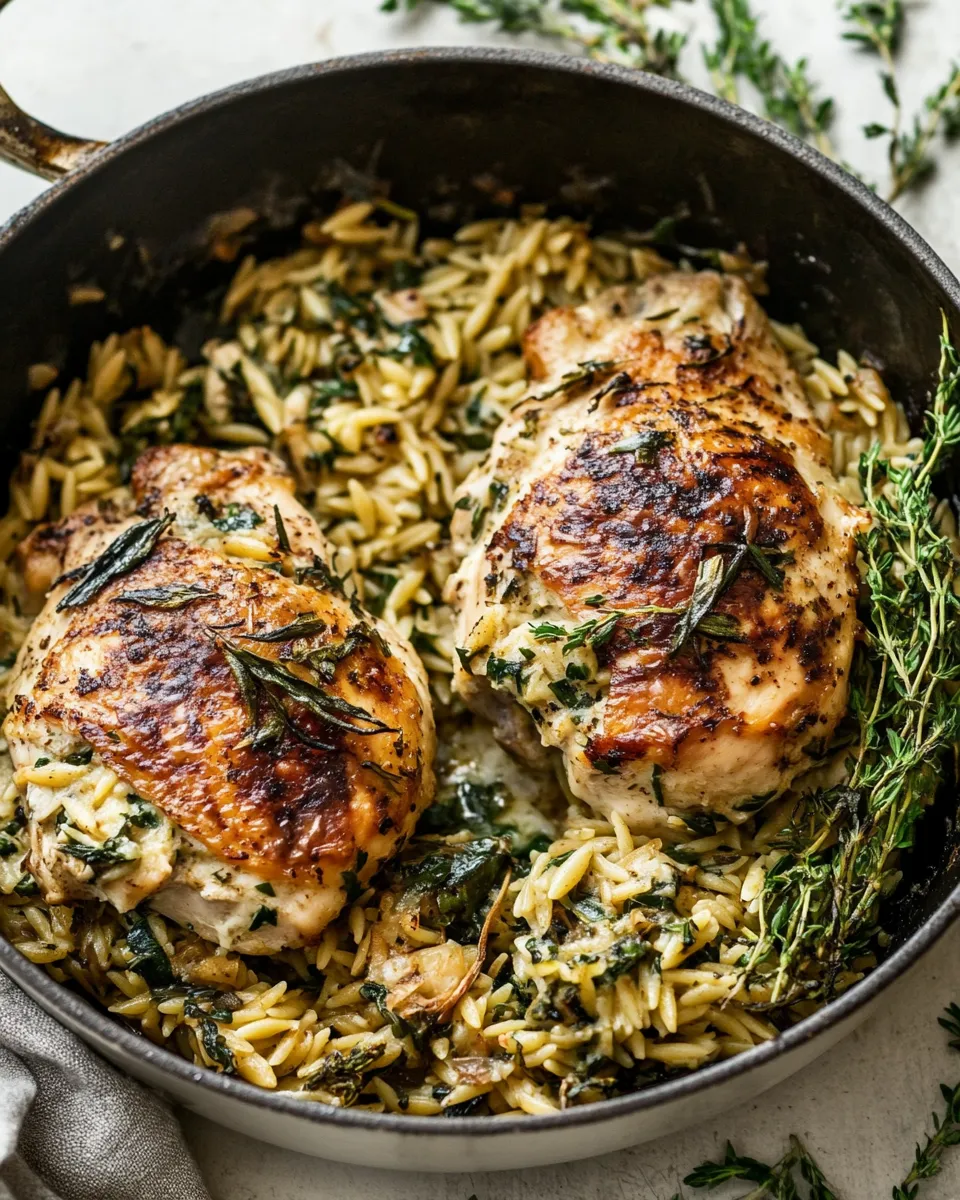 delicious One Skillet Goat Cheese Stuffed Chicken and Orzo. dish photo