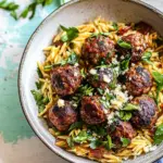 Homemade One Skillet Greek Meatballs and Lemon Butter Orzo. recipe photo