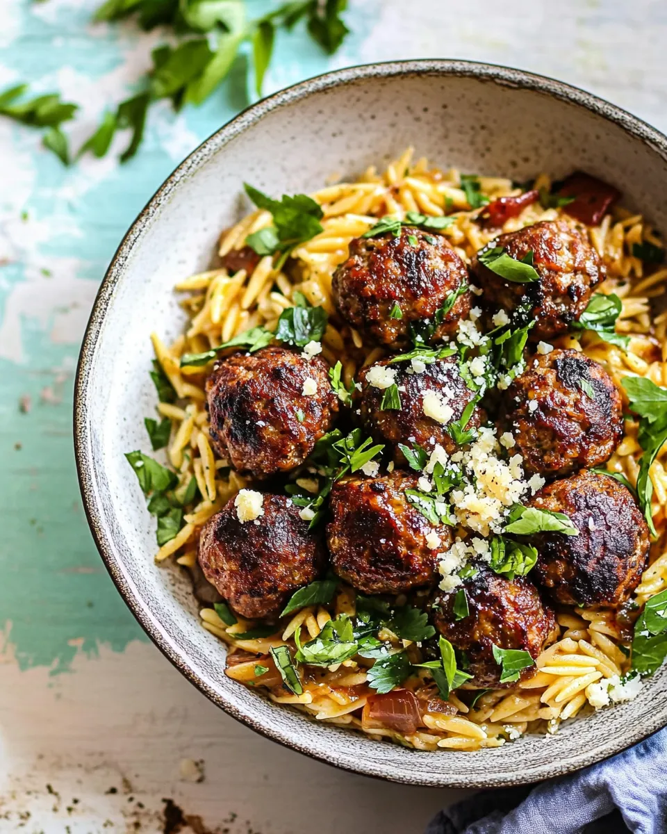 Homemade One Skillet Greek Meatballs and Lemon Butter Orzo. recipe photo