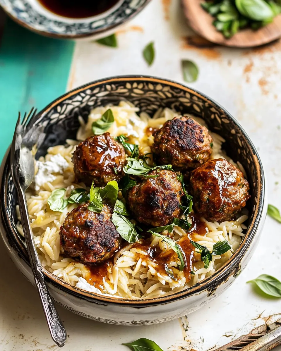 Classic One Skillet Greek Meatballs and Lemon Butter Orzo. plate image