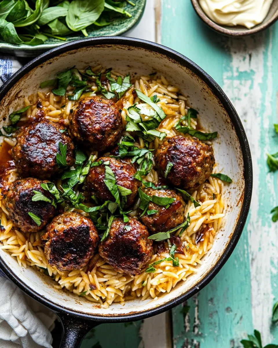 Easy One Skillet Greek Meatballs and Lemon Butter Orzo. photo