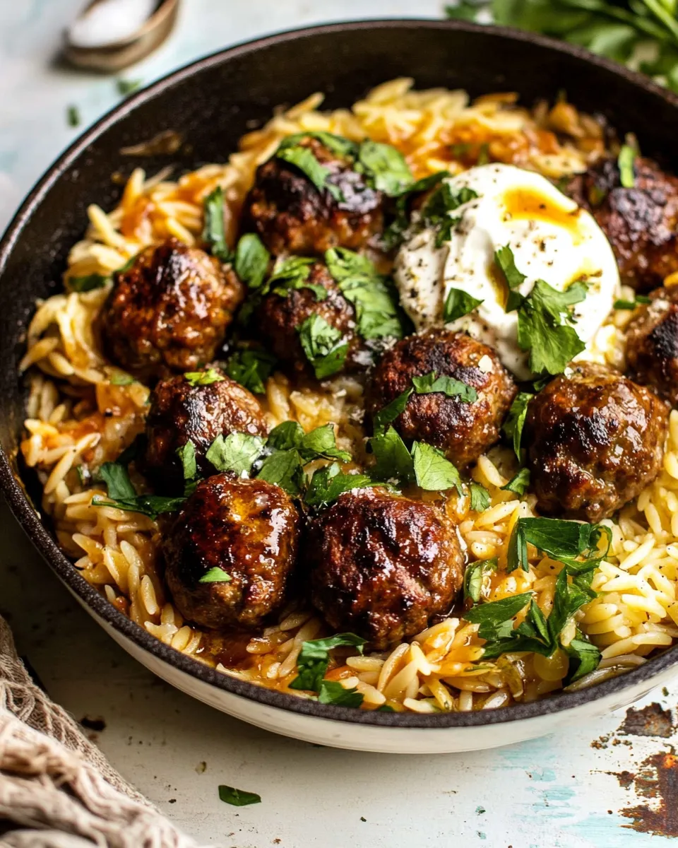 Delicious One Skillet Greek Meatballs and Lemon Butter Orzo. dish photo