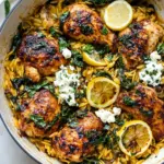 homemade One Skillet Lemon Butter Dijon Chicken and Orzo with Feta Sauce. photo