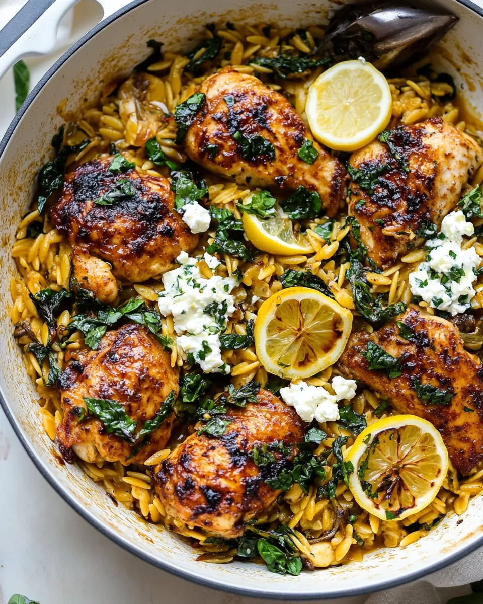 homemade One Skillet Lemon Butter Dijon Chicken and Orzo with Feta Sauce. photo
