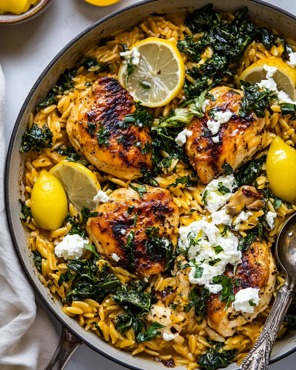 classic One Skillet Lemon Butter Dijon Chicken and Orzo with Feta Sauce. image