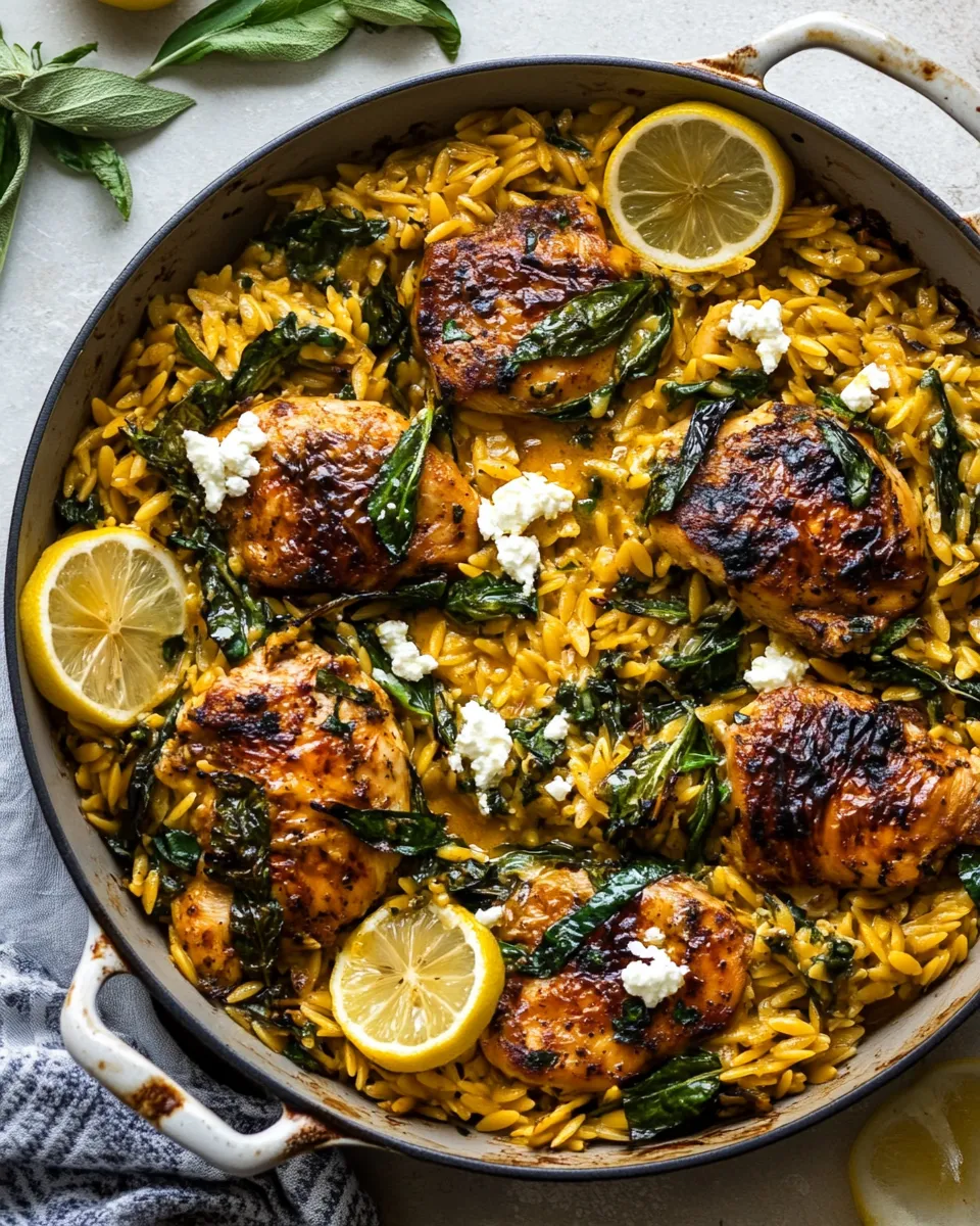easy One Skillet Lemon Butter Dijon Chicken and Orzo with Feta Sauce. picture