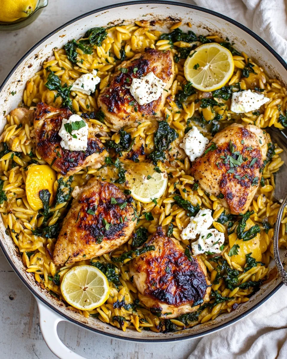 delicious One Skillet Lemon Butter Dijon Chicken and Orzo with Feta Sauce. shot