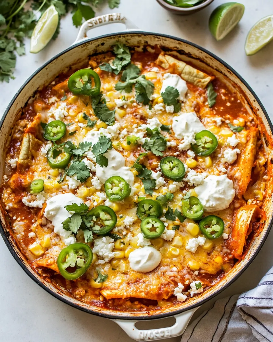 Easy One Skillet Street Corn Chicken Enchilada Bake. food shot
