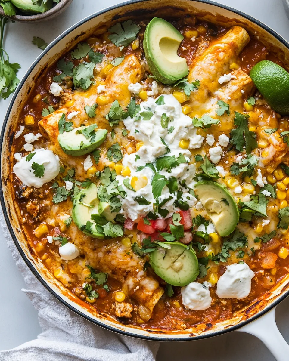 Delicious One Skillet Street Corn Chicken Enchilada Bake. plate image