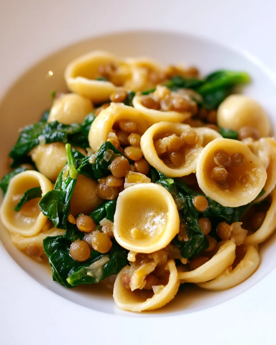 Homemade Orecchiette with Lentils, Onions, and Spinach photo