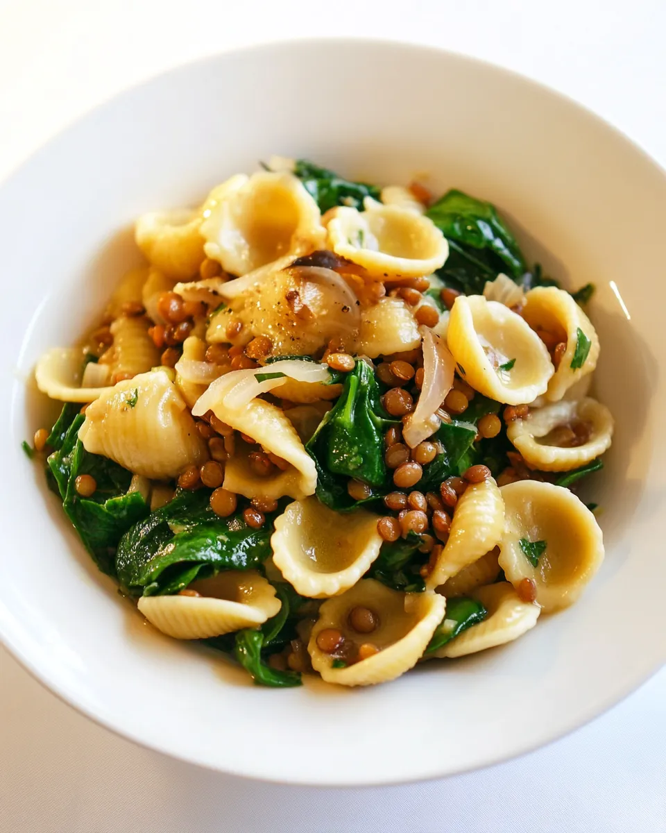 Delicious Orecchiette with Lentils, Onions, and Spinach shot