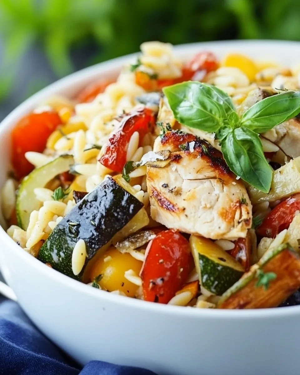 Easy Orzo Pasta Salad with Chicken and Roasted Vegetables food shot