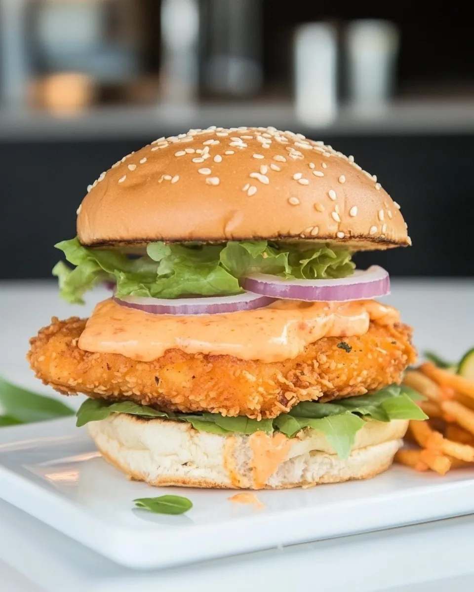 Easy Oven Fried Chicken Burger with Spicy Mayo food shot