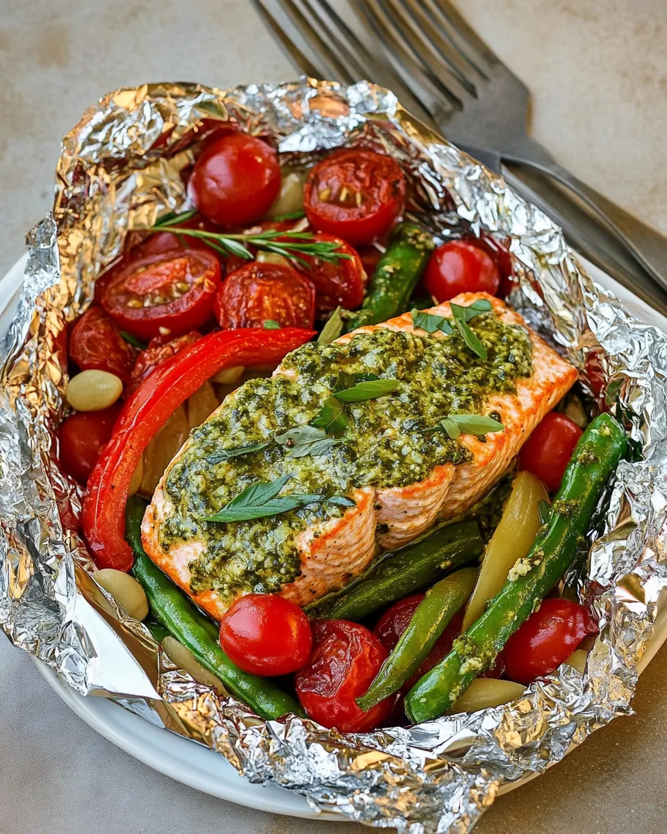 Classic Pesto Salmon and Italian Veggies in Foil dish photo