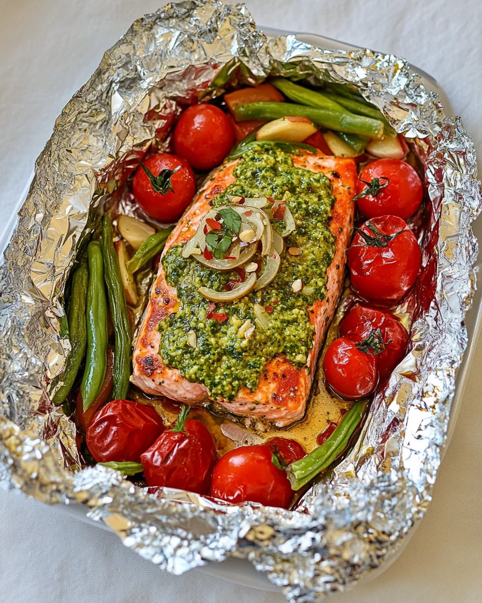 Easy Pesto Salmon and Italian Veggies in Foil food shot