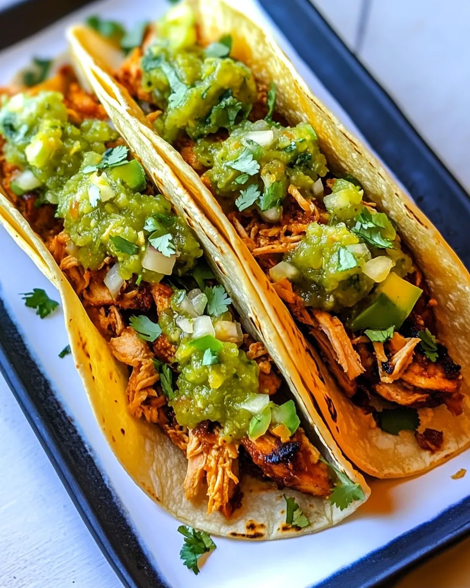 Easy Pulled Chicken Tacos with Tomatillo Salsa food shot