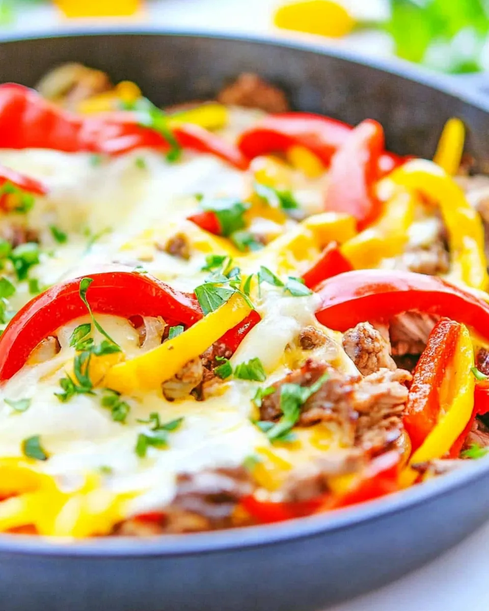 delicious Quick and Easy Chicken Cheesesteak Skillet shot