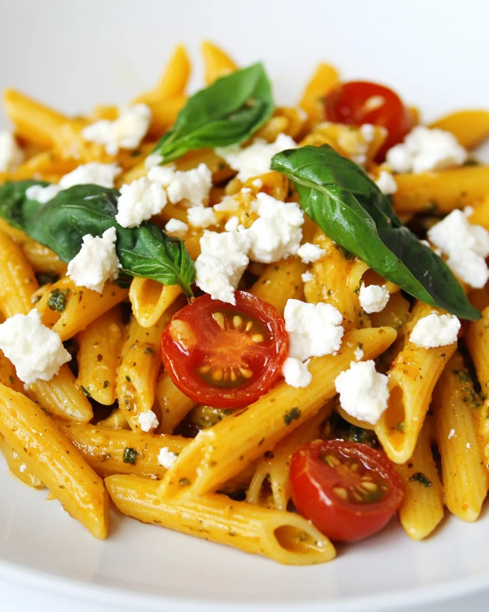 Easy Red Pesto Penne with Roasted Cherry Tomatoes and Goat Cheese recipe photo