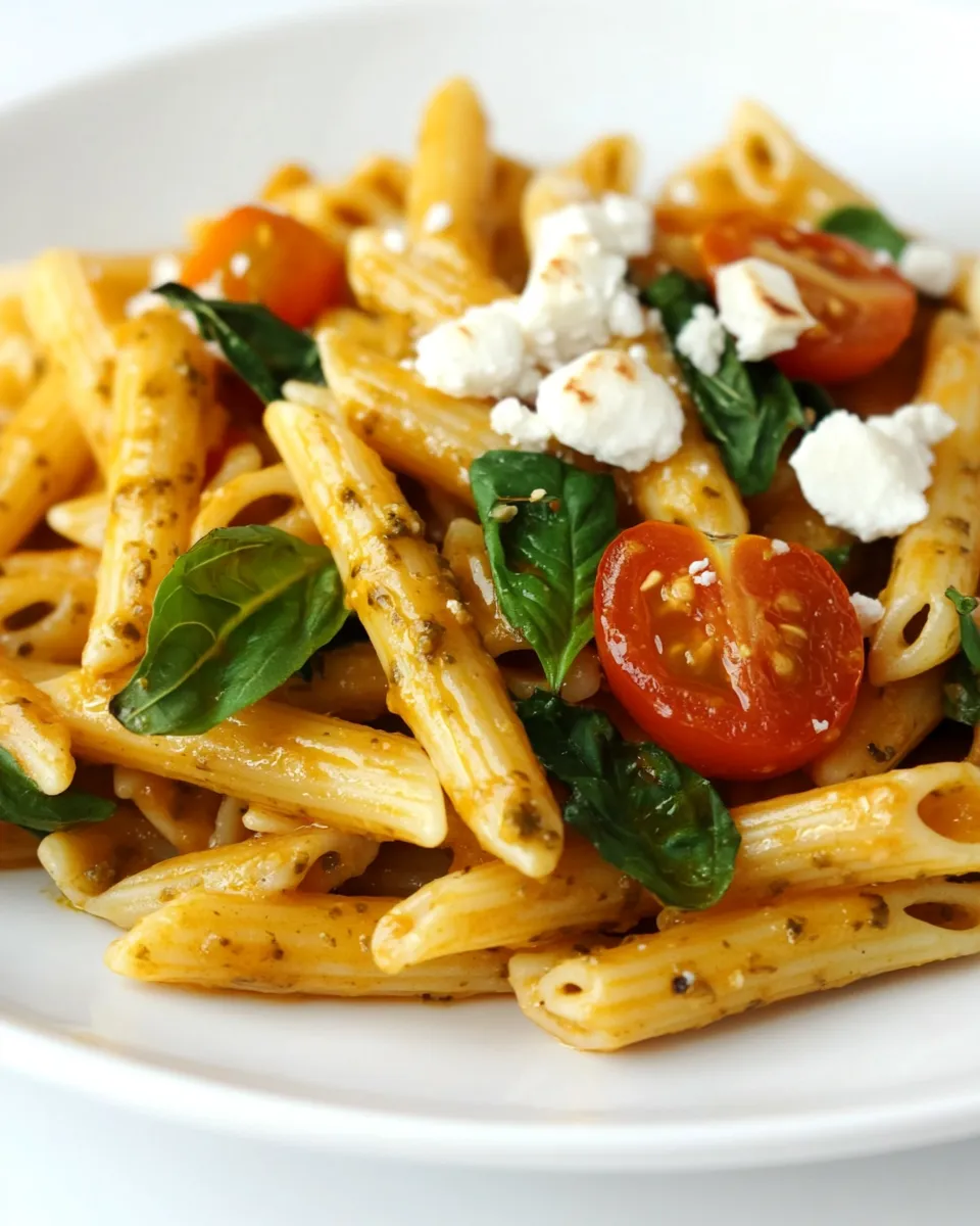 Delicious Red Pesto Penne with Roasted Cherry Tomatoes and Goat Cheese dish photo