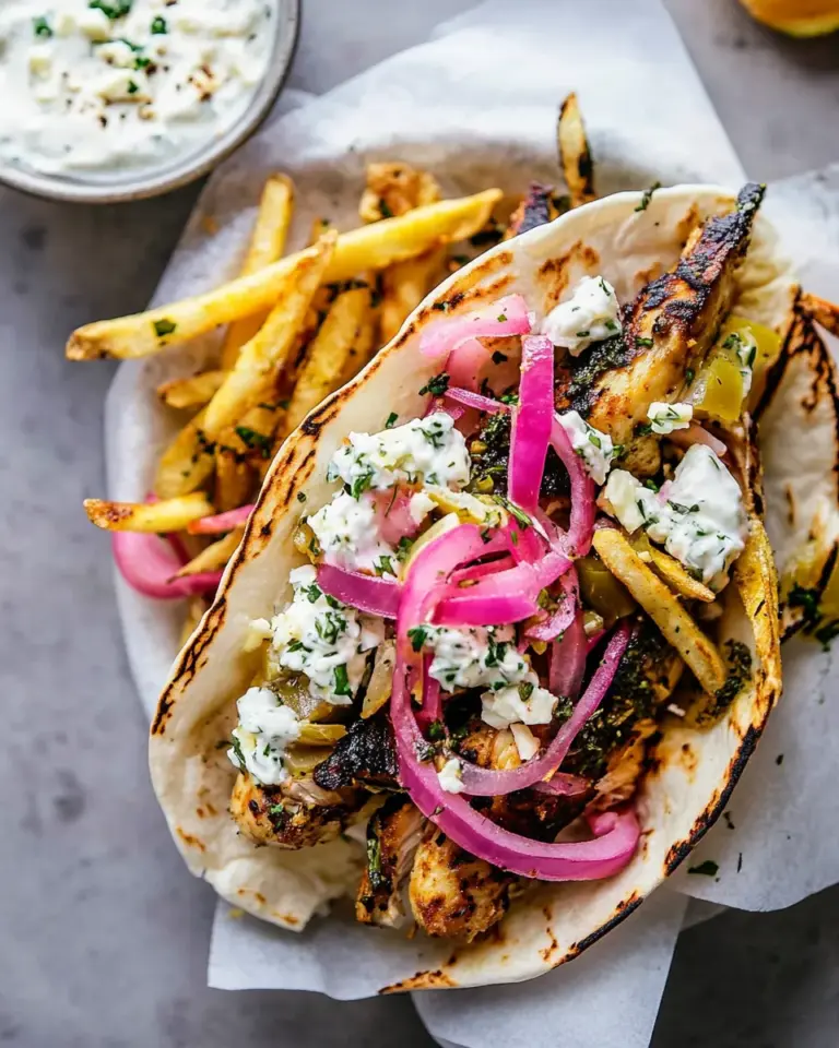 Homemade Roasted Chicken Gyros with Tzatziki and Feta Fries. recipe photo