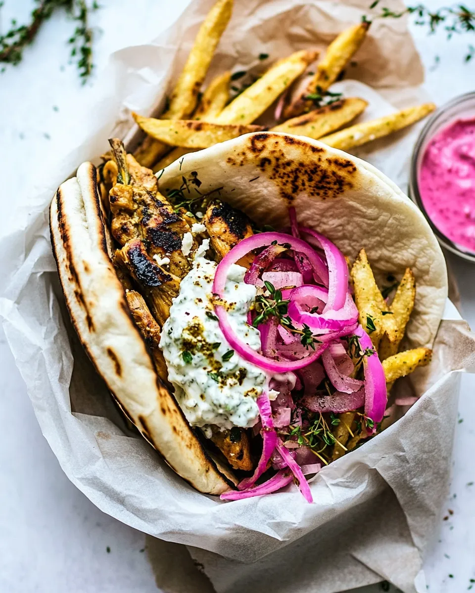 Classic Roasted Chicken Gyros with Tzatziki and Feta Fries. dish photo