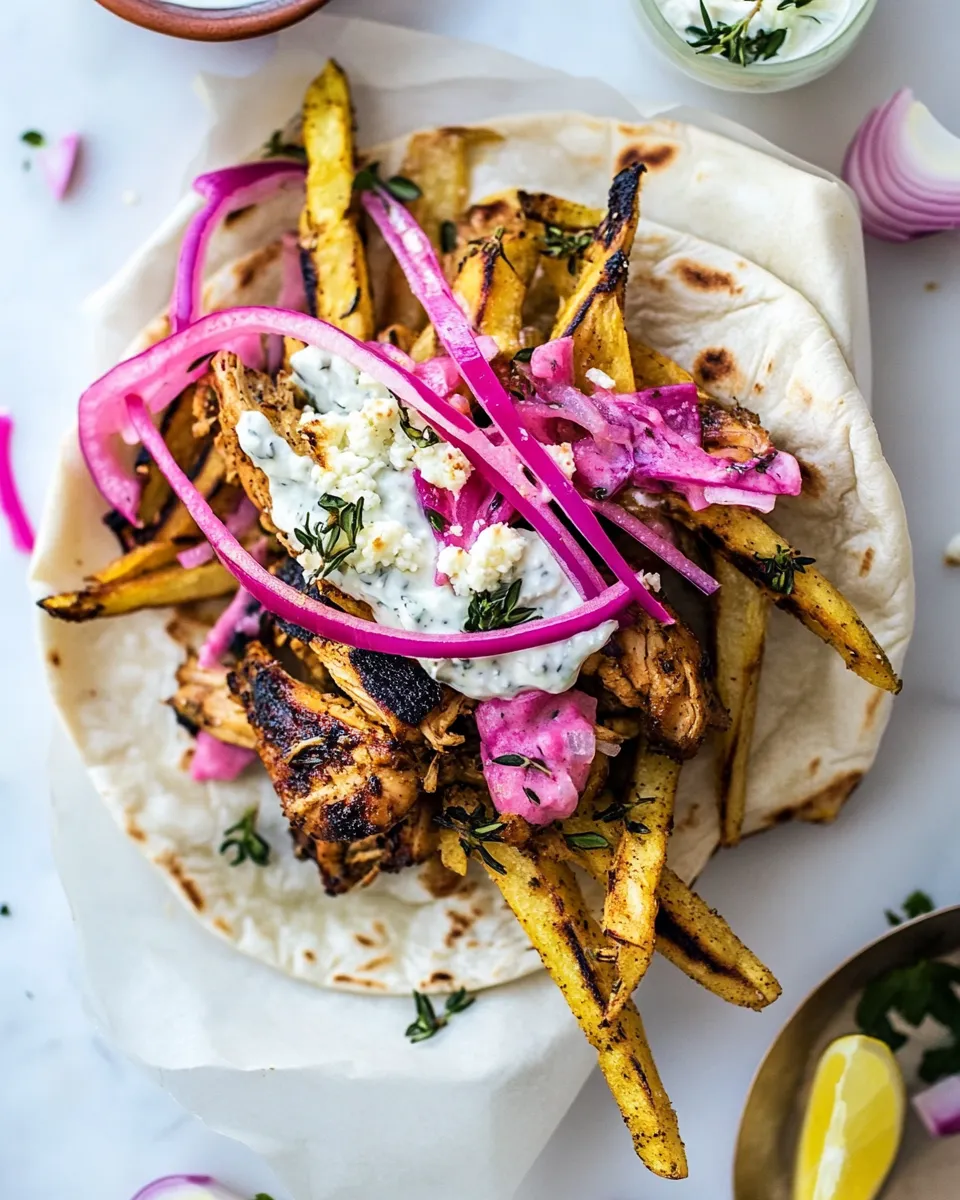 Easy Roasted Chicken Gyros with Tzatziki and Feta Fries. food shot