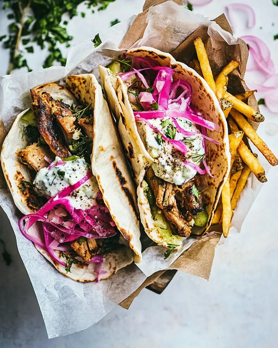 Delicious Roasted Chicken Gyros with Tzatziki and Feta Fries. plate image